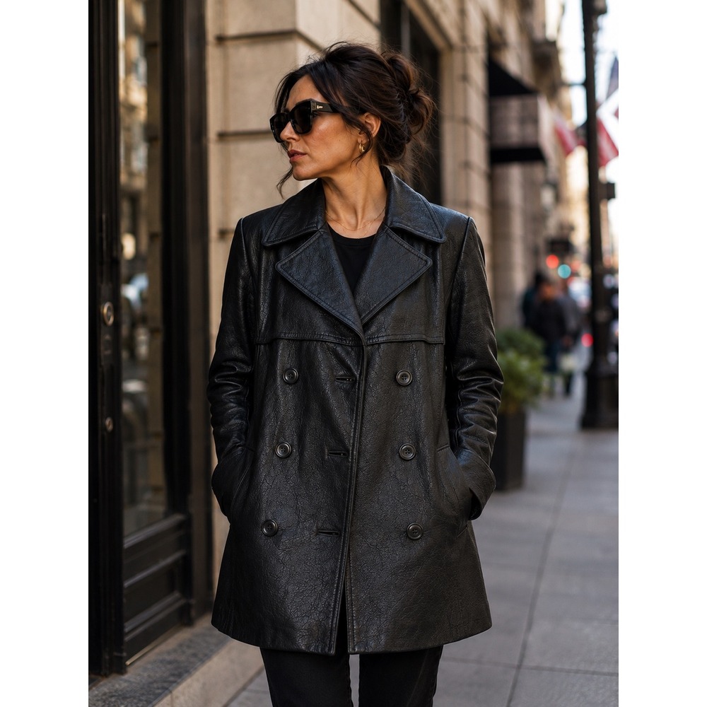 Vintage Jones New York Black Leather Peacoat Jacket Women's Large